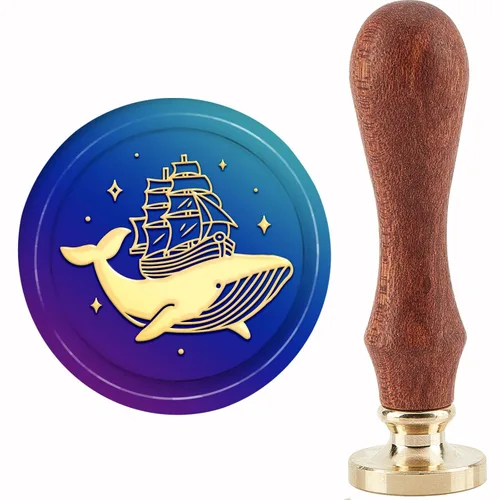 CRASPIRE Sello de cera, ballena, animal marino, velero, sellos de cobre, 1.181 in, cabeza de sello de latón extraíble retro con mango de madera para