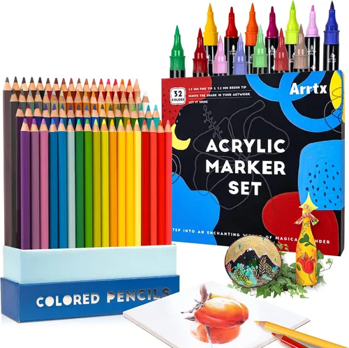 Arrtx Lápices de colores 72 colores + marcadores de pintura acrílica, juego de 32 colores para dibujo, bocetos, sombreado y libros para colorear