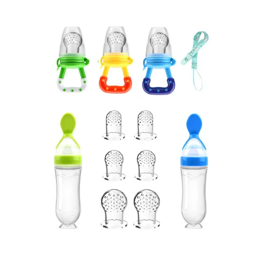 Comedero de alimentos Chupete de frutas para bebés (3 piezas) con 6 chupetes de silicona de diferentes tamaños, 2 cucharas dispensadoras de 3.0 fl