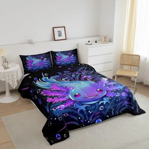 Miniatura 2 de Feelyou Lindo juego de ropa de cama de ajolote para niños y niñas tamaño twin, juego de edredón de salamandra para niños, mujeres y hombres, edredón