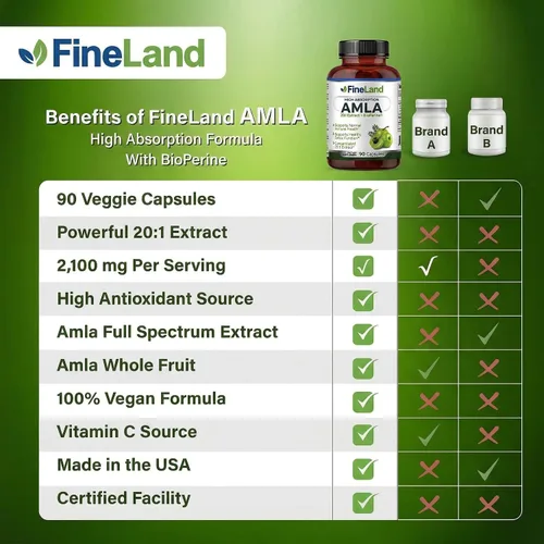 Miniatura 4 de FineLand Amla (grosella espinosa india) Extracto de espectro completo con BioPerine® para absorción, rico en vitamina C natural, apoyo inmunológico