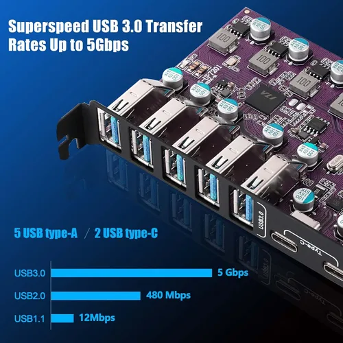 Miniatura 2 de Tarjeta de expansión PCIe a USB 3.0 de 7 puertos (2 puertos USB tipo C y 5 puertos USB tipo A), convertidor interno Tarjeta de expansión PCI Express