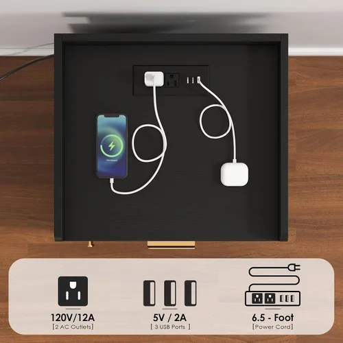Miniatura 4 de Mesita de noche con estación de carga y luces LED, mesita de noche con cajón, mesita de noche con almacenamiento de gabinete, mesita de noche