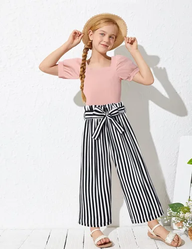 Miniatura 31 de DONWEN Conjunto de 3 piezas de ropa para niñas pequeñas y niñas con cuello cuadrado + pantalones elegantes + diadema para primavera y verano