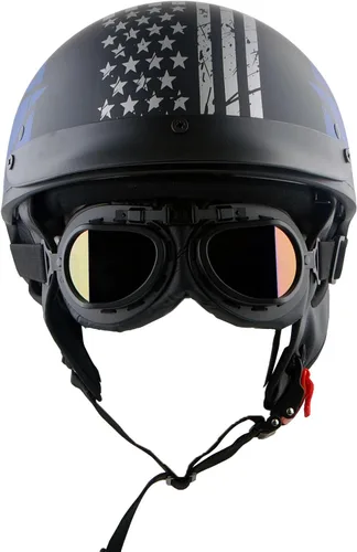 Miniatura 2 de 1Storm Casco de media cara para motocicleta, ciclomotor, scooter, piloto con visera ahumada interior retráctil, bandera azul + paquete de gafas