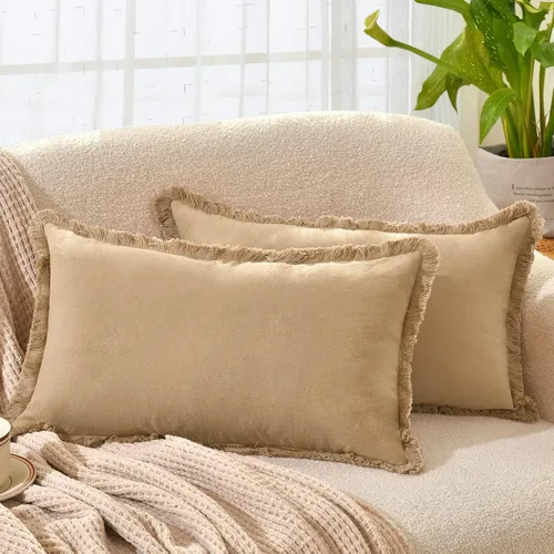 Miniatura 28 de ZWJD Juego de 2 fundas de almohada de 16 x 16 pulgadas, color beige, con flecos, de algodón, decorativas, cuadradas, para sofá, cama, sala de estar