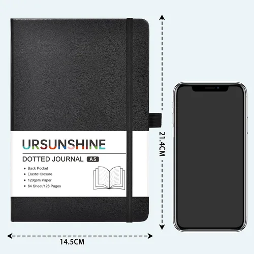 Miniatura 3 de Cuaderno punteado, diario, 5.3 x 8.26 pulgadas, tapa dura, prémium, papel grueso, doble espiral, bandas, cuero negro sintético, lazo para bolígrafo