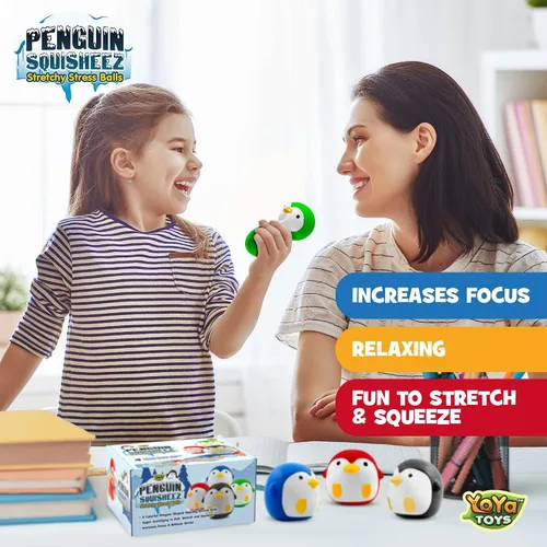 Miniatura 6 de YoYa Toys Penguin Squisheez - Pelotas blandas para aliviar el estrés (juego de 4) Juguetes elásticos en forma de animales para niños, niñas