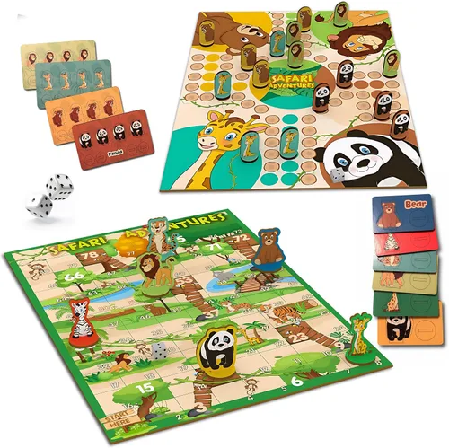 Juegos de mesa de madera 2 en 1 para niños y familias – Juego de mesa Ludo de madera premium y juego de mesa de serpientes y escaleras | Juego de
