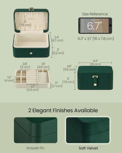 Miniatura 12 de SONGMICS Caja organizadora de joyas, estuche de viaje de 2 capas para aretes, collares, pulseras, almacenamiento portátil de joyas con gran Verde