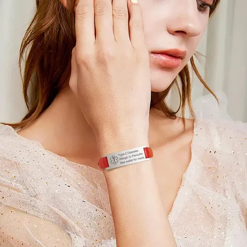 Miniatura 2 de MPRAINBOW Pulsera de alerta médica personalizada para mujer, correa de reloj de cuero genuino, grabado de doble cara, diabetes, epilepsia, joyería