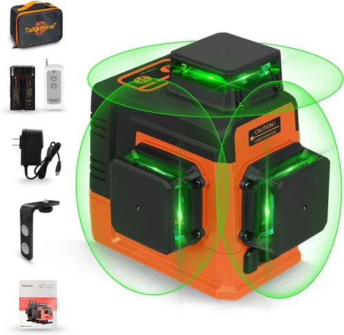 Takamine Nivel láser de 12 líneas autonivelante 3x360° 3D con línea cruz verde para construcción/colgado de cuadros, control remoto, batería