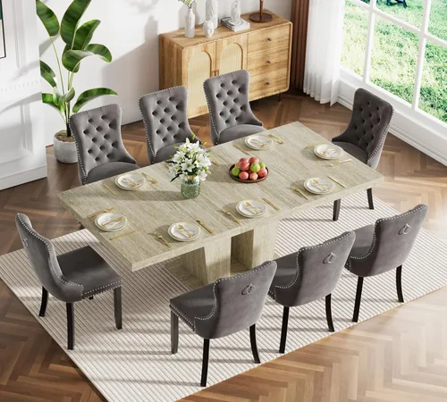 Miniatura 80 de Juego de mesa de comedor extensible de 5 piezas, juego de mesa de comedor extensible de estilo granja para 4, mesa de cocina expandible de madera
