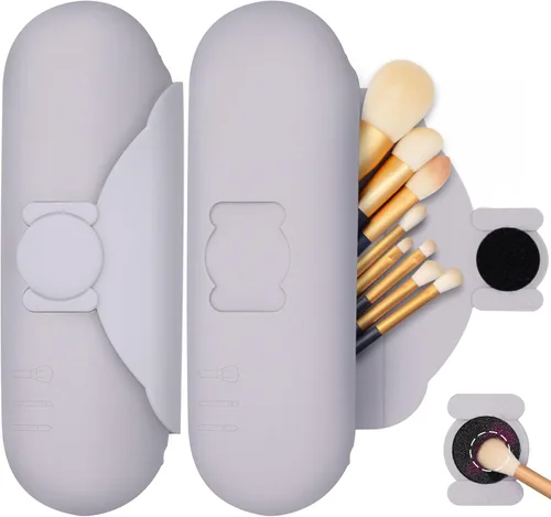 Miniatura 9 de Soporte para brochas de maquillaje de viaje con almohadilla de limpieza, estuche organizador de cepillos de silicona, cierre magnético, bolsa