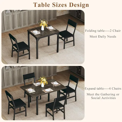 Miniatura 2 de HUAHUU Juego de mesa de comedor para 4, juego de sillas con cojín para cocina extensible de 4, mesa de comedor rectangular con marco de metal