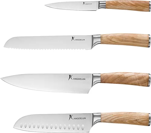 Miniatura 7 de Kangdelun Juego de 15 cuchillos y 4 cuchillos de chef, con caja de regalo, acero inoxidable de alto carbono ultra afilado, mango de madera