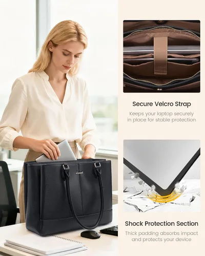 Miniatura 6 de LOVEVOOK: bolsa de mano para laptop para mujeres, bolsa de trabajo de cuero PU con 3 compartimentos, bolsa impermeable para computadora para viajes