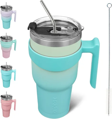 Miniatura 84 de BJPKPK Vaso con asa de acero inoxidable de 20 onzas, con aislamiento de doble pared, con tapa y pajita, color rosa claro A-rosa claro