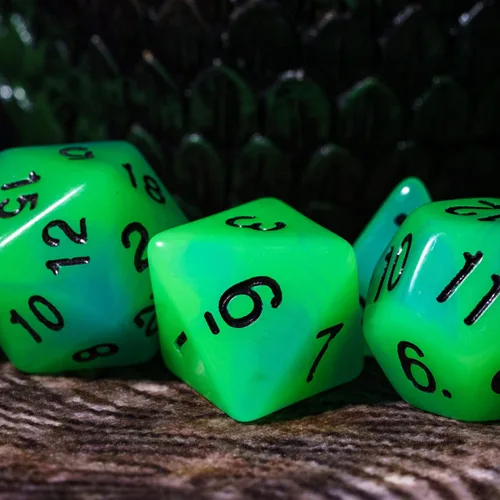 Miniatura 5 de Dados DND que brillan en la oscuridad, 7 piezas de troqueles poliédricos luminosos con bolsa de troquel de cuero, dados D&D brillantes