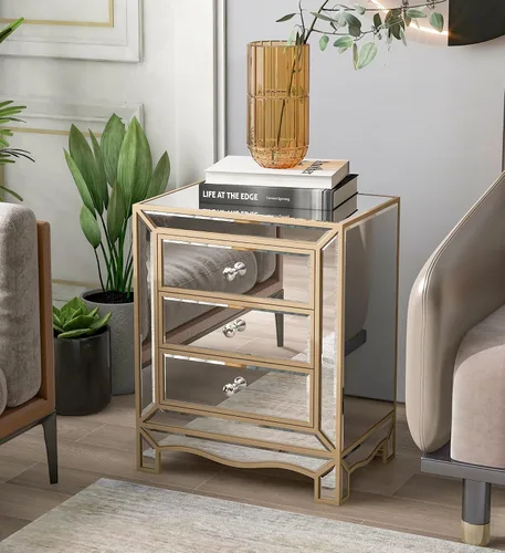Miniatura 3 de Henf Elegante mesita de noche de espejo con borde dorado plateado con 3 cajones, mesa de acento de espejo con perilla de cristal, mesa auxiliar