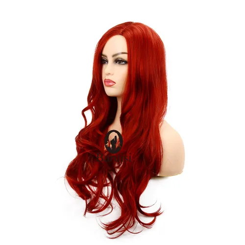 Miniatura 3 de Peluca larga rizada ondulada roja para mujer, raya lateral, aspecto natural, fibra sintética para cosplay, resistente al calor, cabello de reemplazo