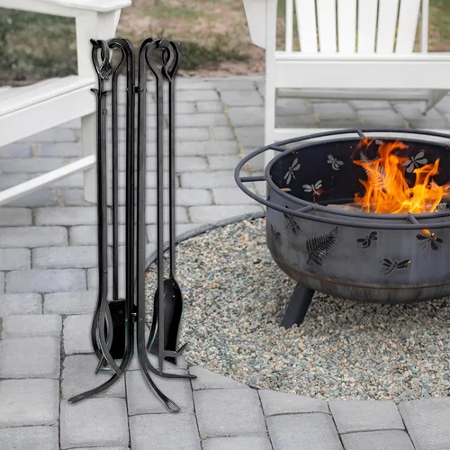 Miniatura 9 de Plow & Hearth Juego de 5 herramientas compactas de hierro forjado a mano para chimenea de 32.5 pulgadas Mango de hierro forjado negro
