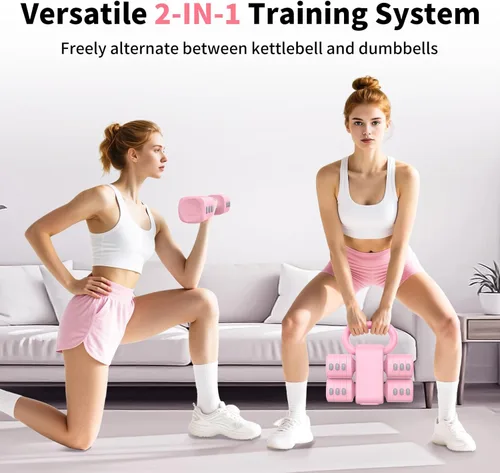 Miniatura 2 de Hezeyferg Juego de mancuernas ajustables 2 en 1, juego de mancuernas con 4 niveles de peso para mujeres y hombres, cada una de 1/1.5/2/2.5 kg de Rosa