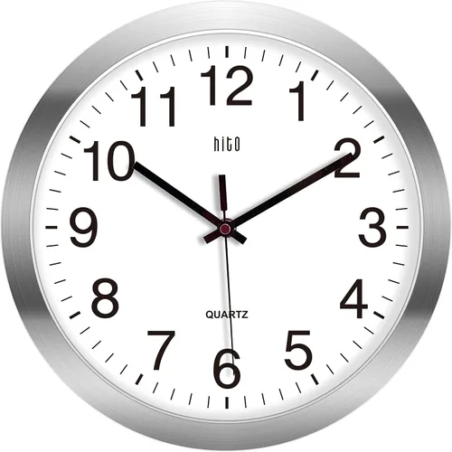 HITO Reloj de pared silencioso de 12 pulgadas con batería, sin tictac, cubierta de vidrio, marco de aluminio plateado, para decoración de cocina,