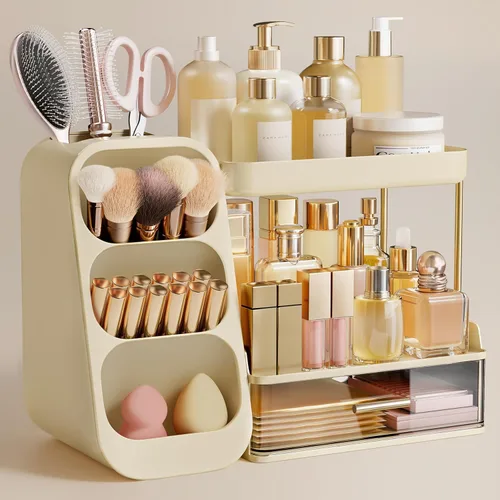 Miniatura 18 de HBlife Organizador de maquillaje con soporte para brochas para tocador, organizador grande de plástico para tocador de baño, almacenamiento