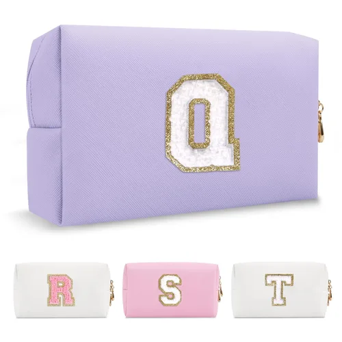 Miniatura 120 de Pequeña bolsa de maquillaje personalizada con inicial A-Z Preppy Patch, bolsa de cosméticos de viaje de felpilla blanca con cremallera, bonita bolsa
