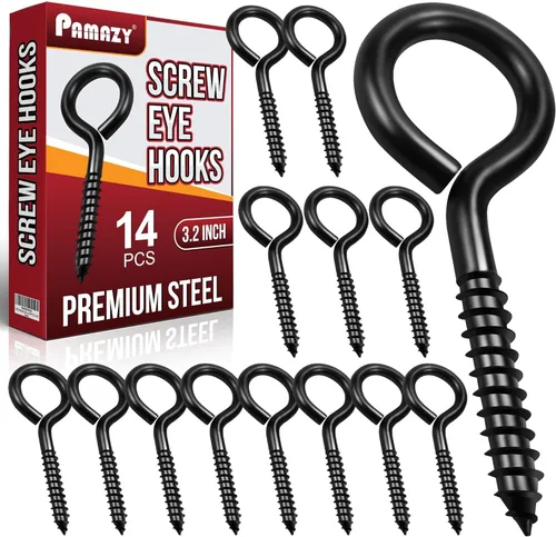 14 PIEZAS Ojos de Tornillo Negros - Pernos de Ojo Resistentes de 3.2 Pulgadas, Asegurador de Cable y Alambre - Soporte para Hamaca, Uso en