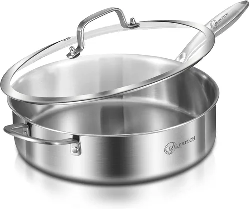 Miniatura 14 de LOLYKITCH Sartén tricapa de acero inoxidable de cuerpo entero de 5.5 QT con tapa, sartén para freír de 12 pulgadas, olla grande, apta para Plateado