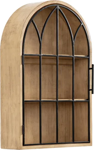 Kate and Laurel Megara - Gabinete decorativo de pared colgante con arco de madera con puerta para almacenamiento abierto; 16 x 5 x 24; Madera Natural