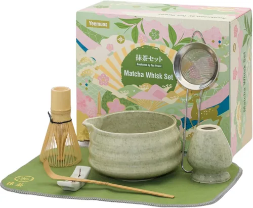 Juego de batidor matcha, kit de preparación de matcha de 7 piezas con batidor, tazón de cerámica, colador, cuchara, soporte, soporte y paño de té