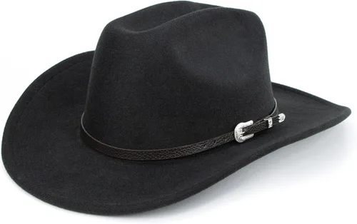 Miniatura 16 de Sombrero de vaquero clásico de fieltro occidental para mujeres y hombres de ala ancha con hebilla de cinturón (tamaño: mediano-grande)