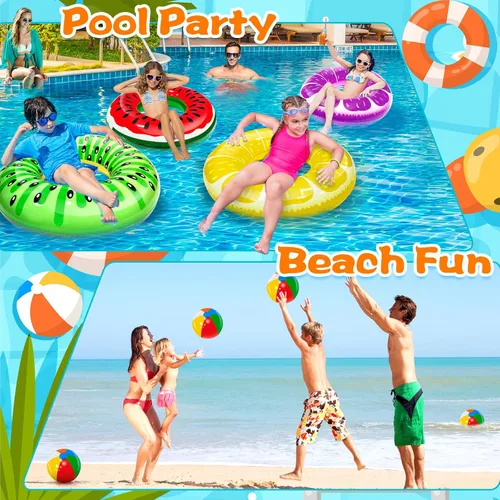 Miniatura 3 de Paquete de 8 flotadores inflables de piscina para niños, 4 tubos de natación de frutas y 4 bolas de playa, flotadores de piscina, juguetes de playa