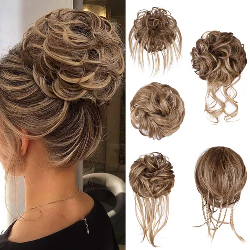 Miniatura 16 de 5 piezas de extensiones de cabello para moños desordenados con banda elástica de goma para mujeres, extensiones de cola de caballo con horquillas