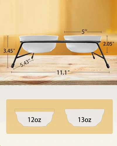 Miniatura 9 de Cuencos elevados antivómitos para gatos, 2 cuencos de cerámica para alimentos y agua para gatos de 13 onzas con soporte de acero inoxidable blanco