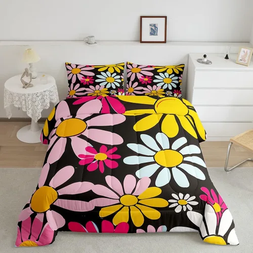 Miniatura 17 de Lindo juego de edredón de flores para niños y mujeres. Juego de ropa de cama de flores coloridas de dibujos animados, tamaño individual, bonito