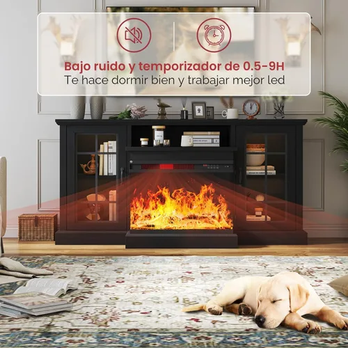Miniatura 9 de oneinmil - Soporte de TV con chimenea de 59 pulgadas y vidrio en 3 lados para aparatos de hasta 65 pulgadas, centro de entretenimiento moderno