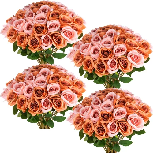 50 rosas artificiales capuchino y rosa marrón café, 2 colores mezclados, rosas de seda falsas, tallo largo, rosas falsas realistas, ramo de flores