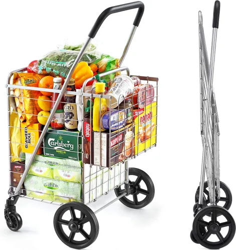Miniatura 11 de Wellmax Carrito de comestibles plegable con ruedas, carrito utilitario de metal resistente con parte inferior de malla, cesta trasera adicional