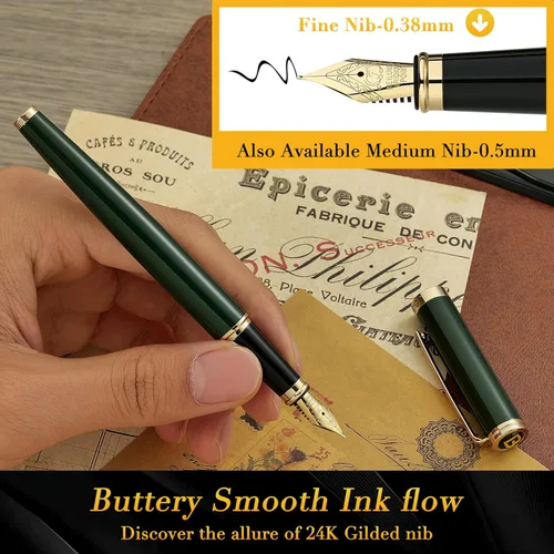 Miniatura 4 de BEILUNER Pluma Estilográfica Verde Racing, Impresionantes Plumas de Lujo con Acabado de Oro de 24K, Hermosa Plumilla Dorada de 24K (Fina), Regalo