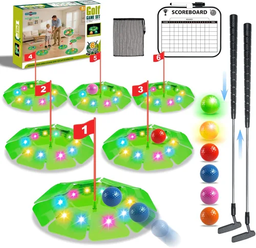 TERRAMUS Juego de golf iluminado - Juego de golf para niños actualizado con 6 objetivos LED, 2 palos, 6 pelotas (2 brillan), juguetes de golf Green