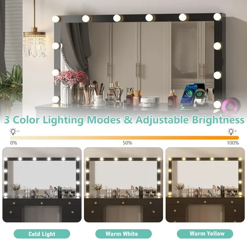 Miniatura 3 de Likein Escritorio de tocador con espejo y luces, tocador negro con armario de almacenamiento de joyas, tocador de maquillaje para dormitorio con 11