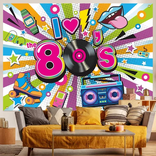 Miniatura 6 de Decoraciones de fiesta de los años 80, telón de fondo extra grande de tela con texto en inglés "I Love The 80s Hip Hop Party 1980, fiesta