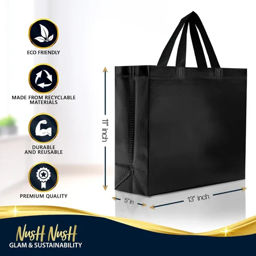 Miniatura 6 de Nush Nush Juego de 12 bolsas de regalo negras grandes – Bolsas de regalo reutilizables negras brillantes con asas – Bolsa grande de regalos