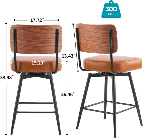 Miniatura 3 de Taburetes de bar de altura de mostrador, taburete de bar giratorio de poliuretano con respaldo extraíble y panel trasero de madera curvada, patas