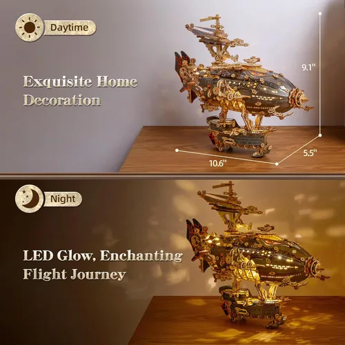 Miniatura 5 de FUNPOLA Rompecabezas de Madera LED 3D Modelo de Dirigible de Fantasía - Kit de Manualidades Steampunk DIY con Luces LED - Conjunto de Construcción