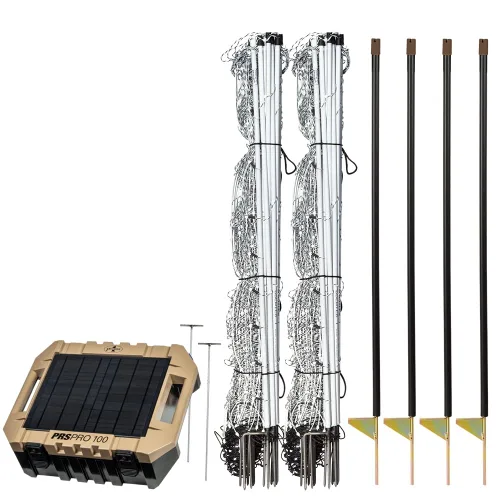 Premier 1 ElectroFence Plus Starter Kit | Valla de red eléctrica blanca/negra – 48 pulgadas de alto x 100 pies de largo, incluye: Energizador solar,